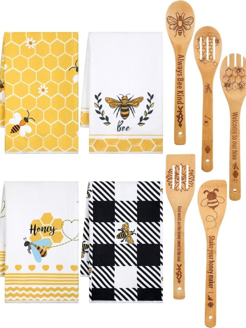 9-Piece Bee Kitchen Decor Set: Hand Towels & Wooden Spoons for Farmhouse Style